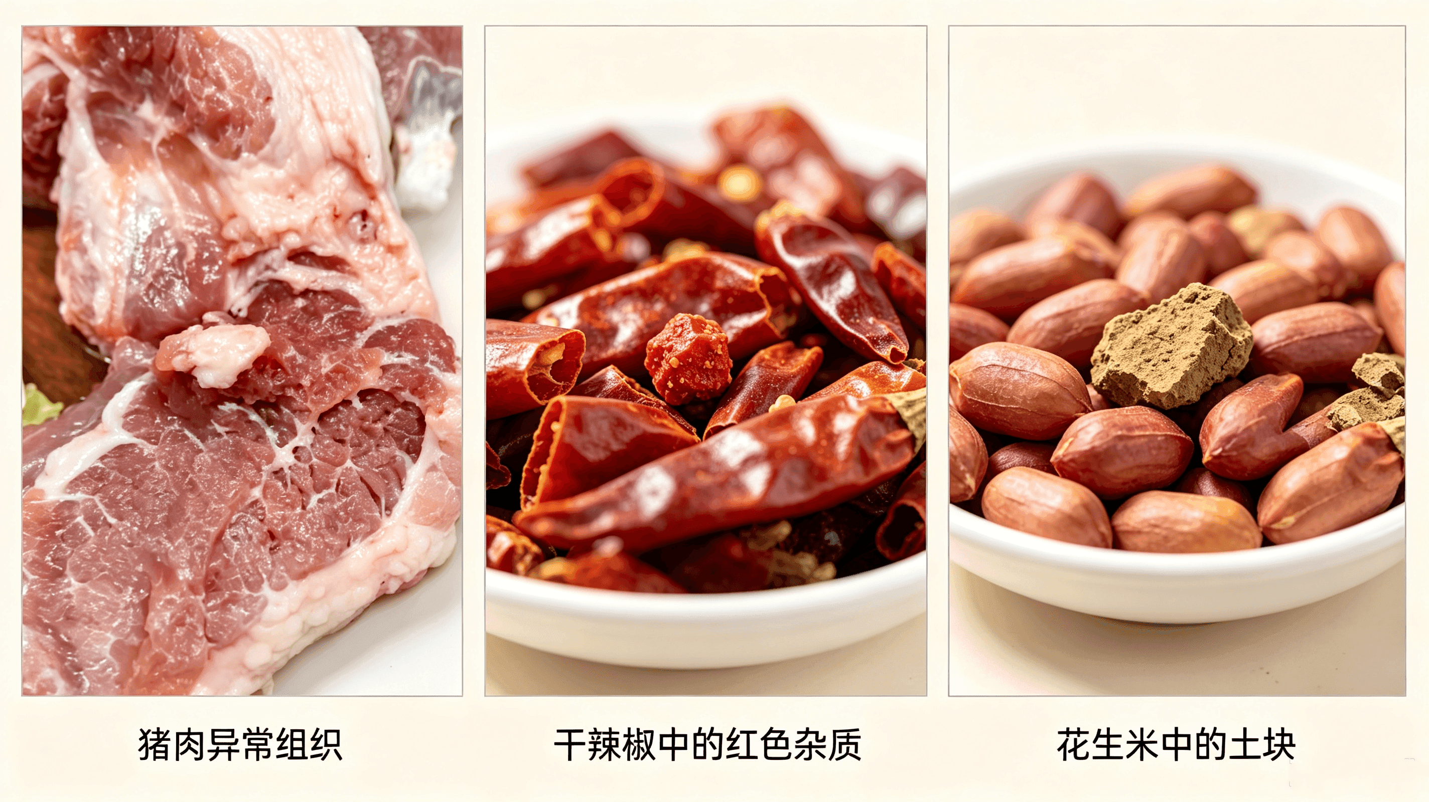 生成图片:红色杂质混干辣椒、土块藏花生米、猪肉淋巴肉.png